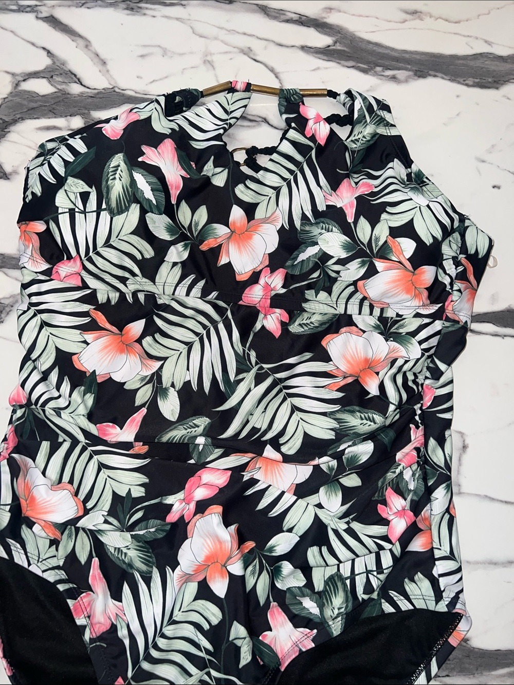 Time and Tru Black Swimsuit One Piece with Tropical leaves &  Floral Accent XL